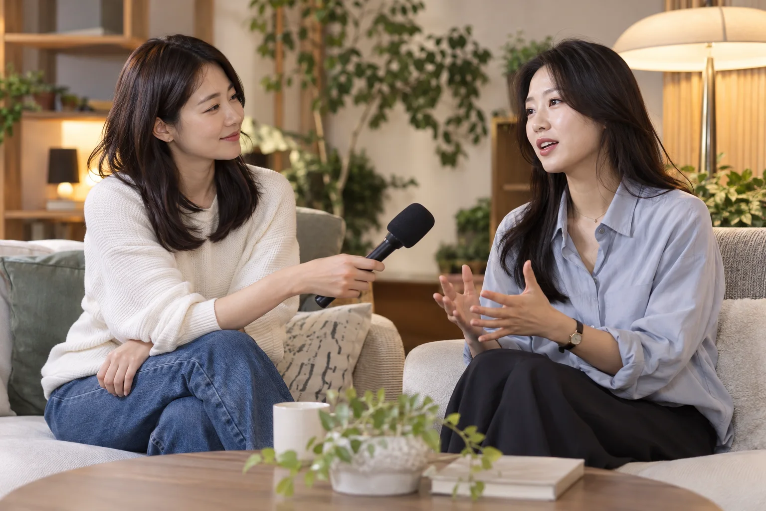 마이크를 잠시 내려놓고 대화를 나누는 성인 친구들