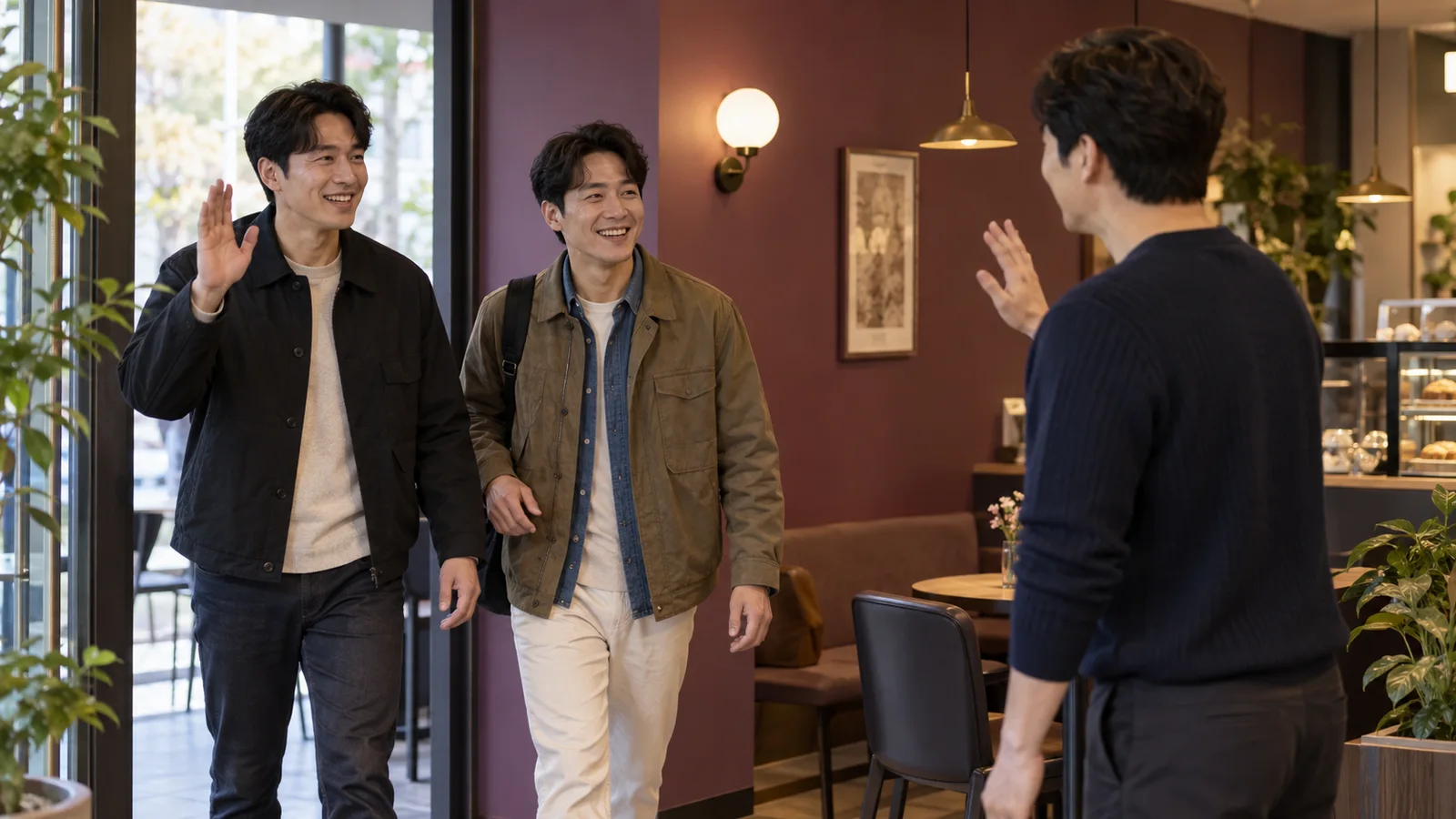카페 입구에서 도착한 일행을 맞이하는 한국인 성인들의 연출 예시