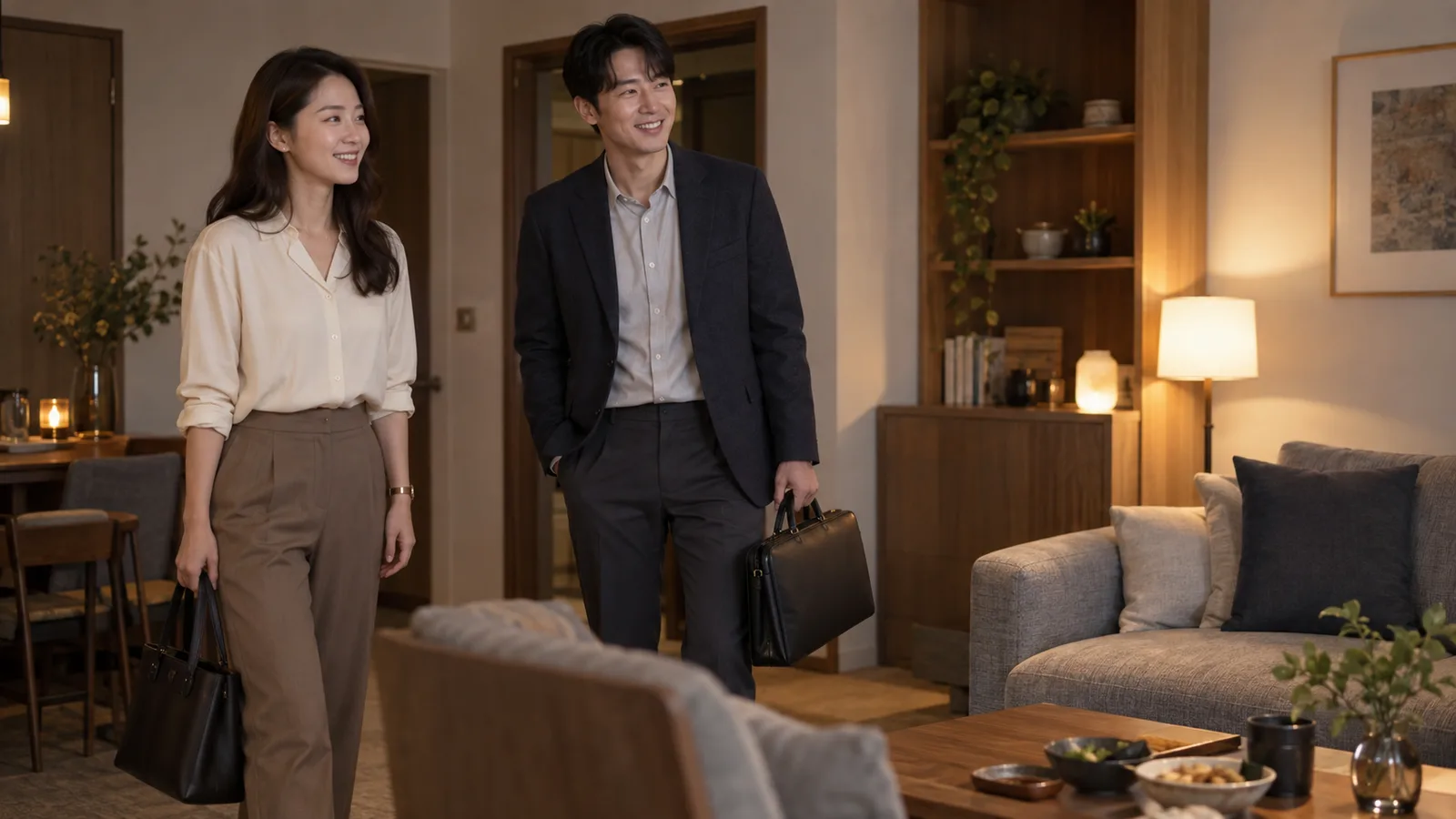가방을 들고 모임 공간에 도착한 성인 두 명